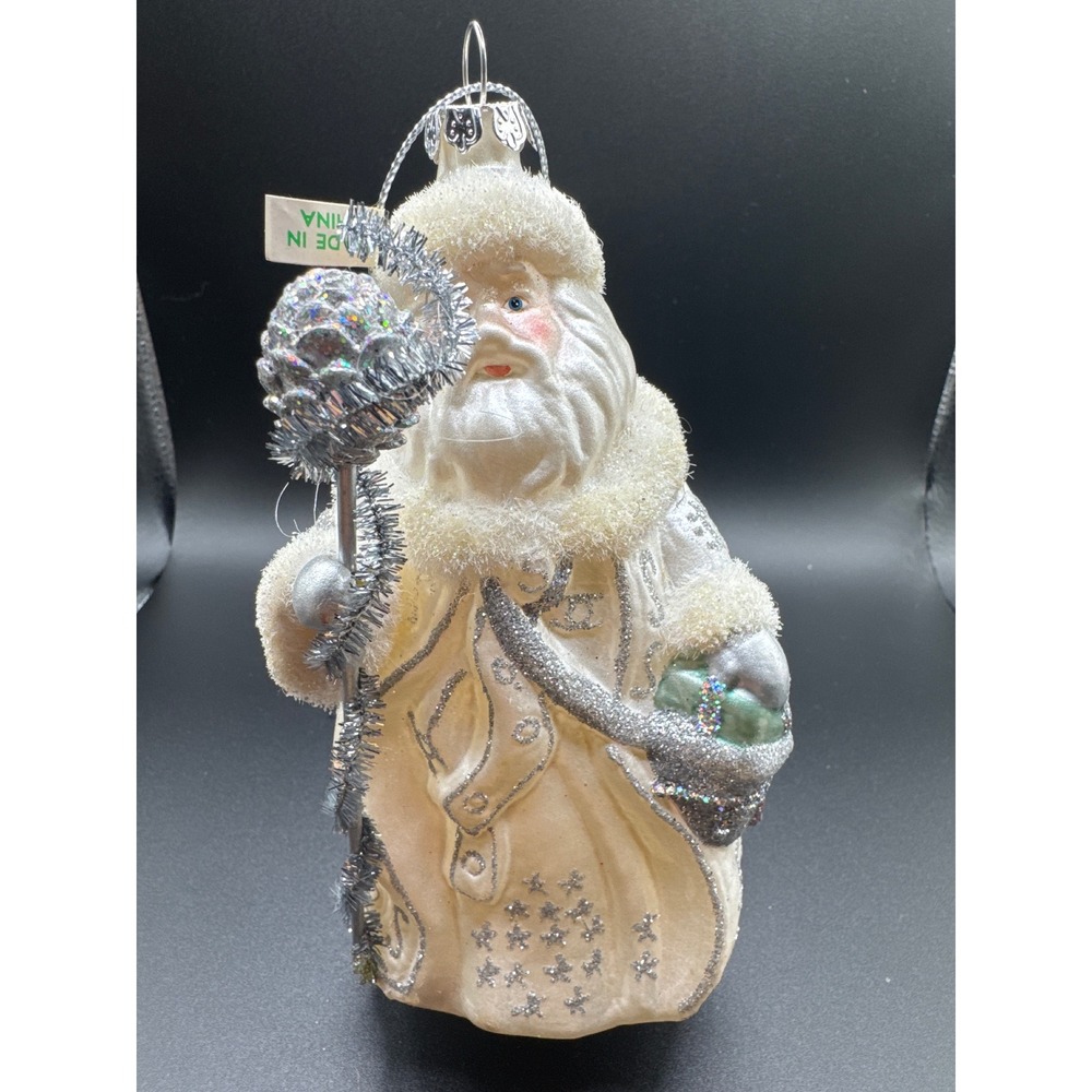Vintage Style White and Silver Glass Santa Claus Christmas Ornament 6 Inch